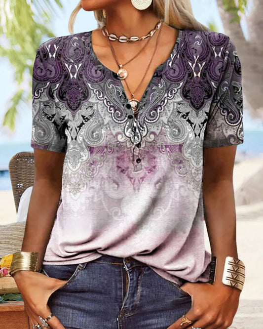 Andrea's™ | Bedrucktes Kurzarm-T-Shirt mit V-Ausschnitt