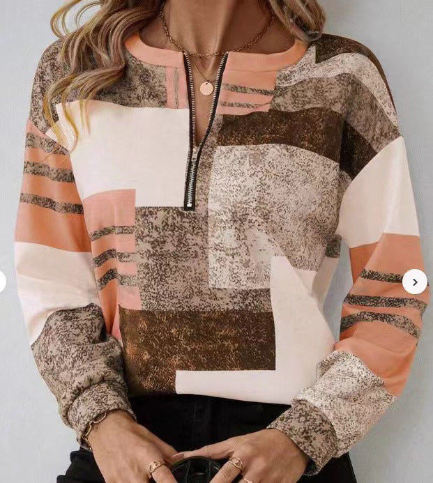 Andrea's™ | Rundhalsausschnitt Halbe Zippe Langarm-Poloshirt Unregelmäßiges Geometrisches Top