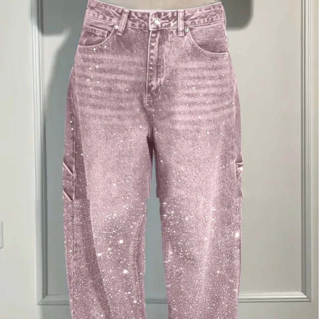 Andrea's™ | Glänzende, locker geschnittene Jeans mit weitem Bein und Taschen