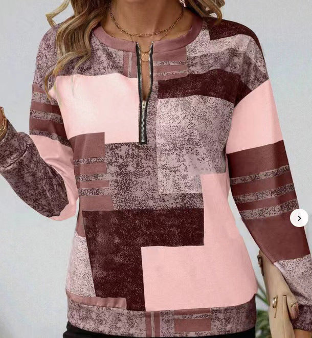 Andrea's™ | Rundhalsausschnitt Halbe Zippe Langarm-Poloshirt Unregelmäßiges Geometrisches Top
