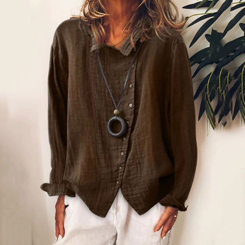 Andrea's ™ | Bluse aus Baumwolle und Leinen in reiner Farbe