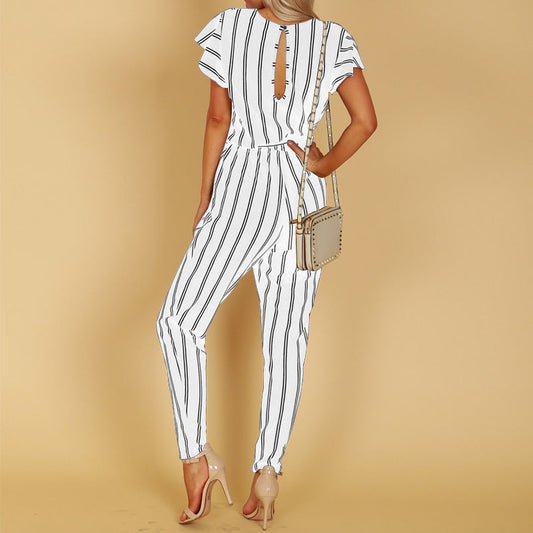 Schicker gestreifter Andrea Serena Jumpsuit mit V-Ausschnitt und Neckholder
