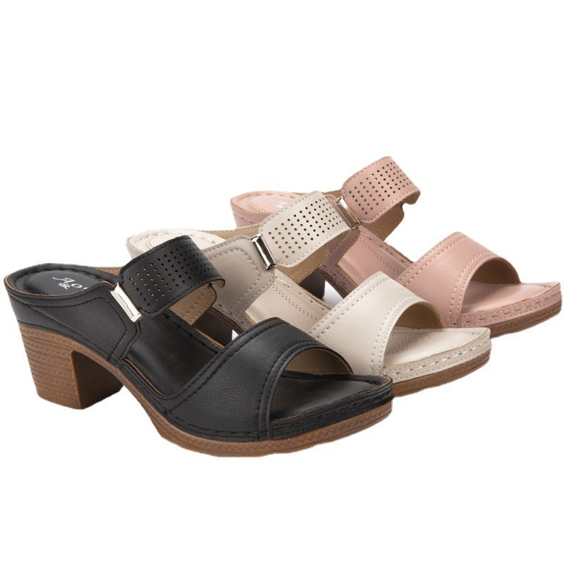 Andrea's™ | Offene Sandalen mit Blockabsatz, Doppelriemen und Schnallendetail