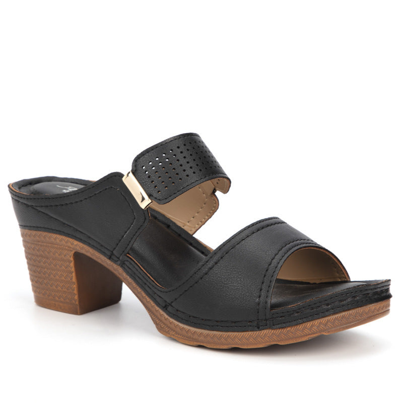 Andrea's™ | Offene Sandalen mit Blockabsatz, Doppelriemen und Schnallendetail