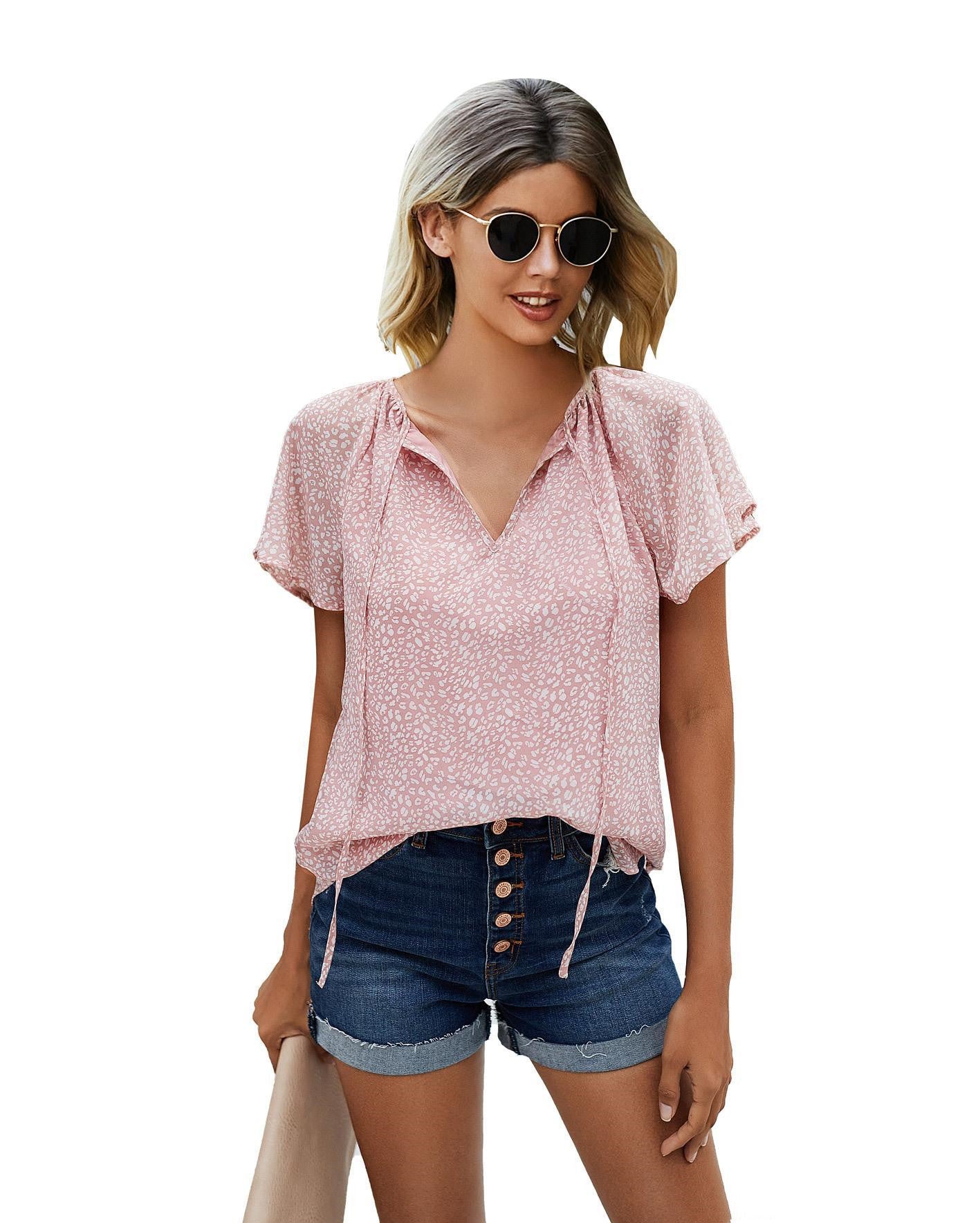 Andrea's™ | Modische Bluse mit Blumenmuster, V-Ausschnitt und kurzen Ärmeln