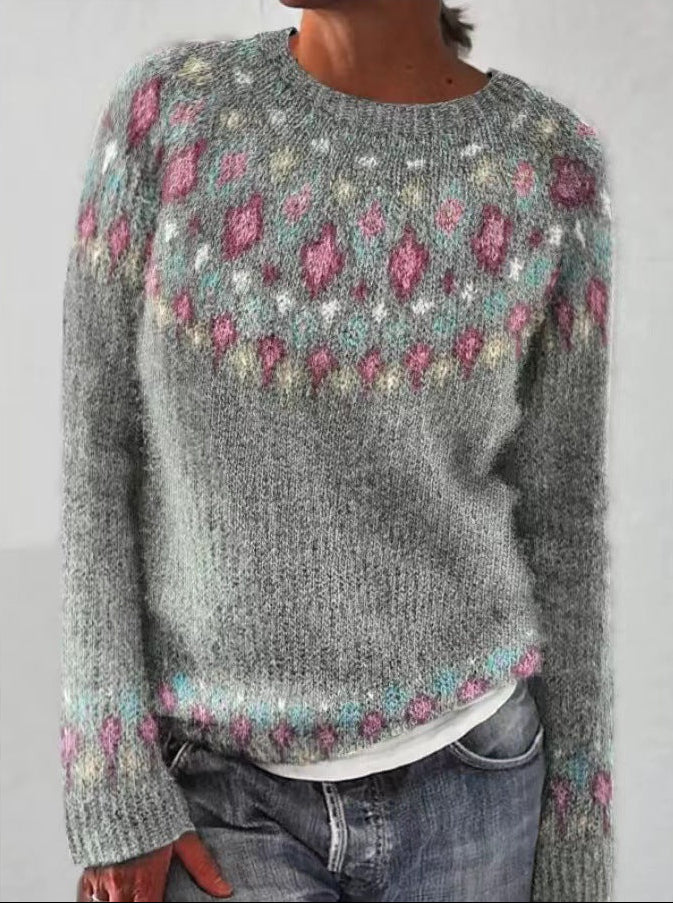 Andrea's™ | Graumelierter Strickpullover mit zarter Blütenpasse