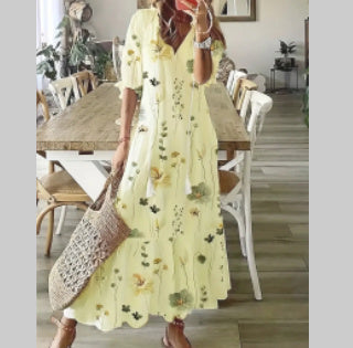 Andrea's™ | Lockeres Kleid mit V-Ausschnitt, Print, Quasten und halblangen Ärmeln