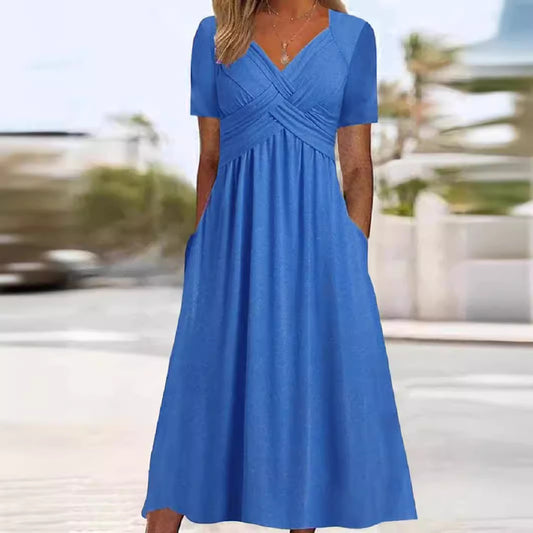 Andrea's™ | Kurzarm-Plisseekleid mit V-Ausschnitt