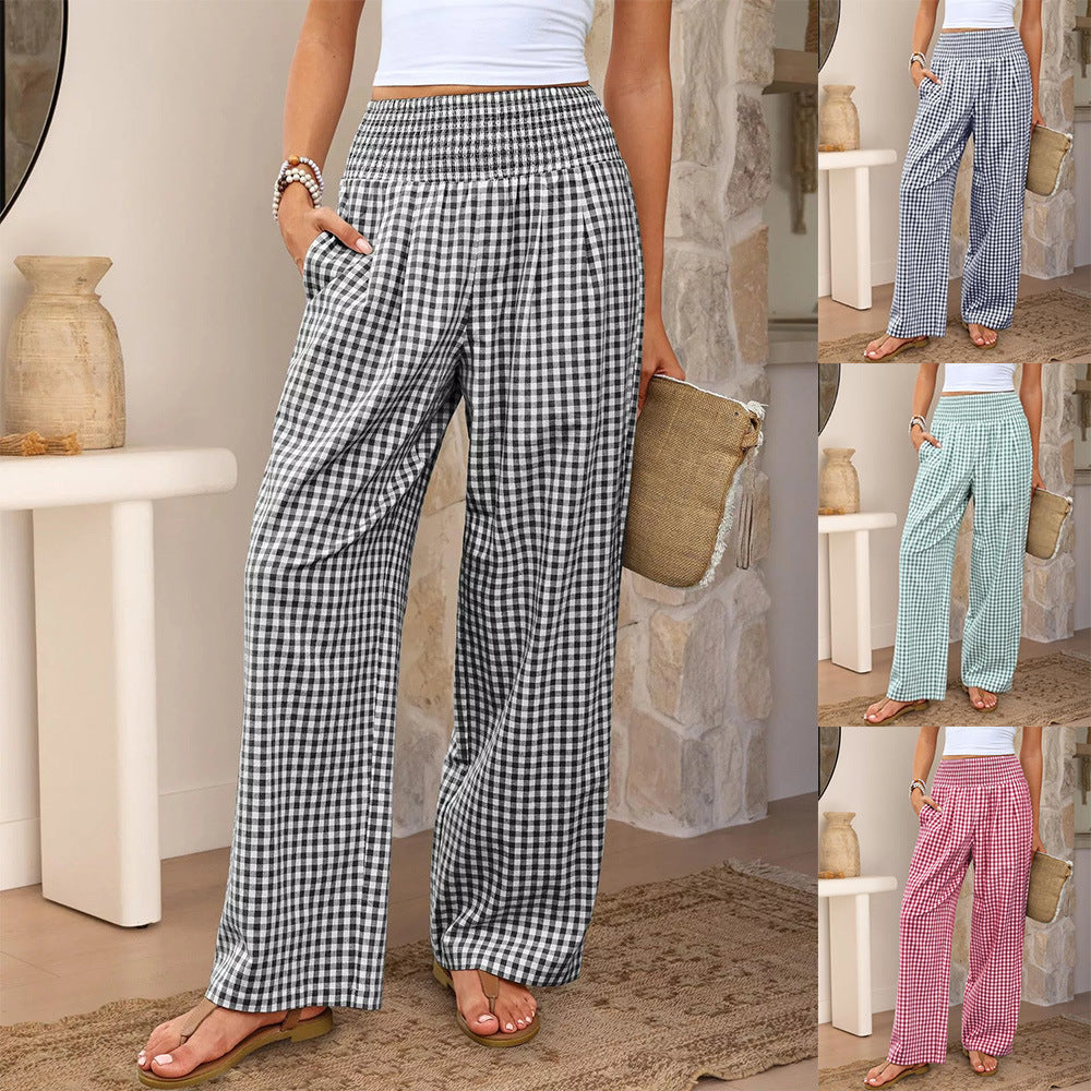 Karierte Freizeithose, locker geschnitten, Damenmode, weite Hose mit Taschen