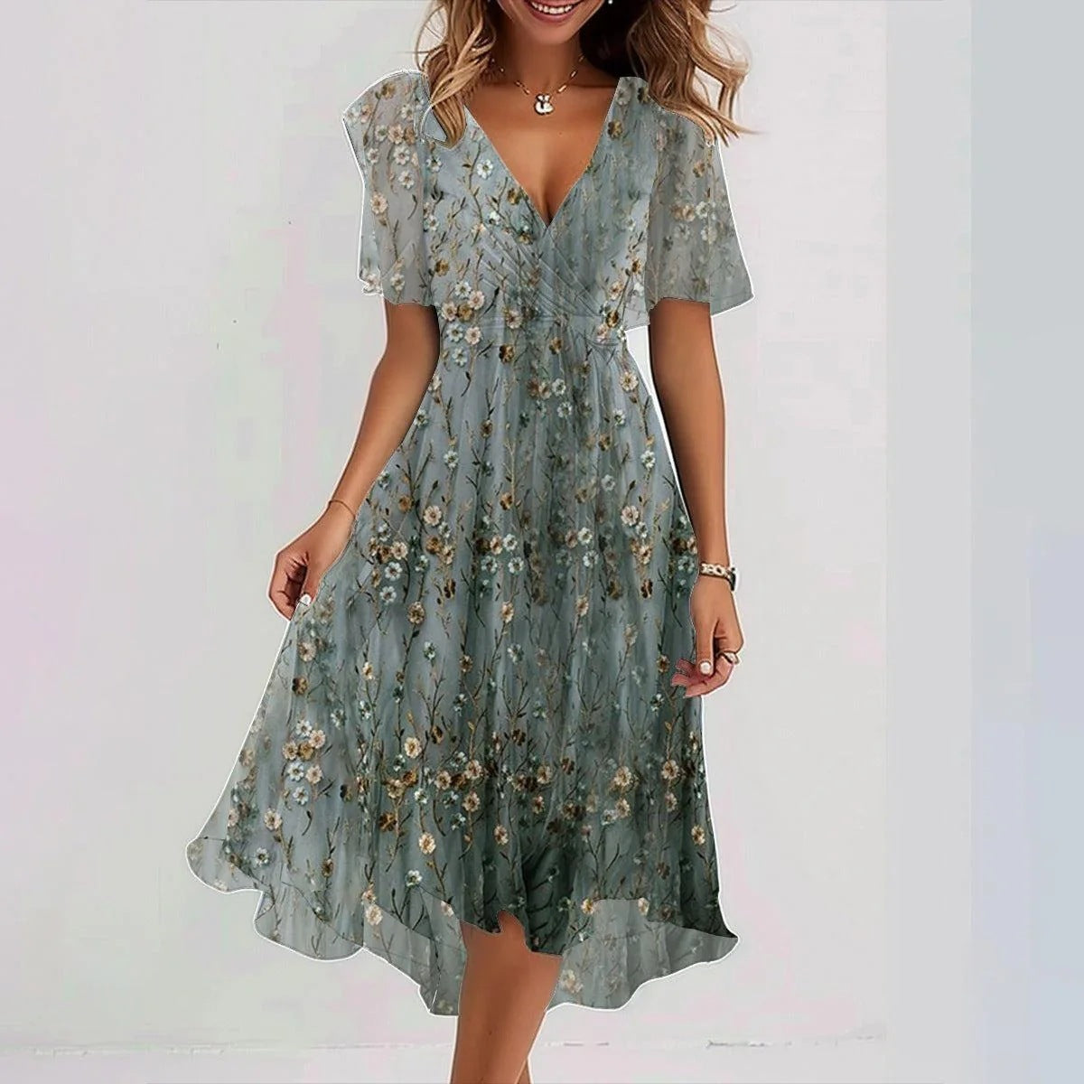 Andrea's™ | Chiffon bedruckte Kurzarm-Sommer-V-Ausschnitt-Kleider