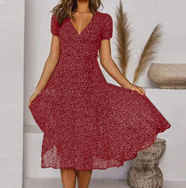 Andrea's™ | Bedrucktes V-Ausschnitt Kurzarm Schnürkleid