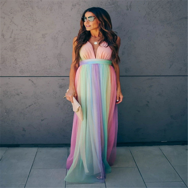 Andrea's™ | Regenbogenfarbenes Netzkleid mit Spaghettiträgern