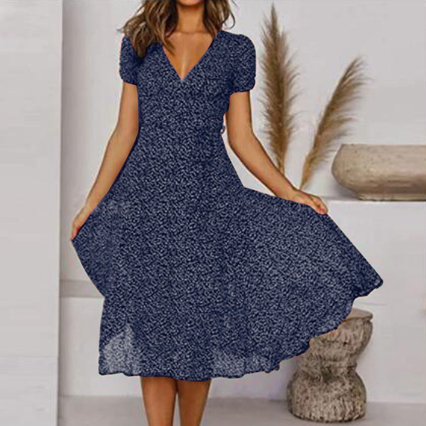 Andrea's™ | Bedrucktes V-Ausschnitt Kurzarm Schnürkleid