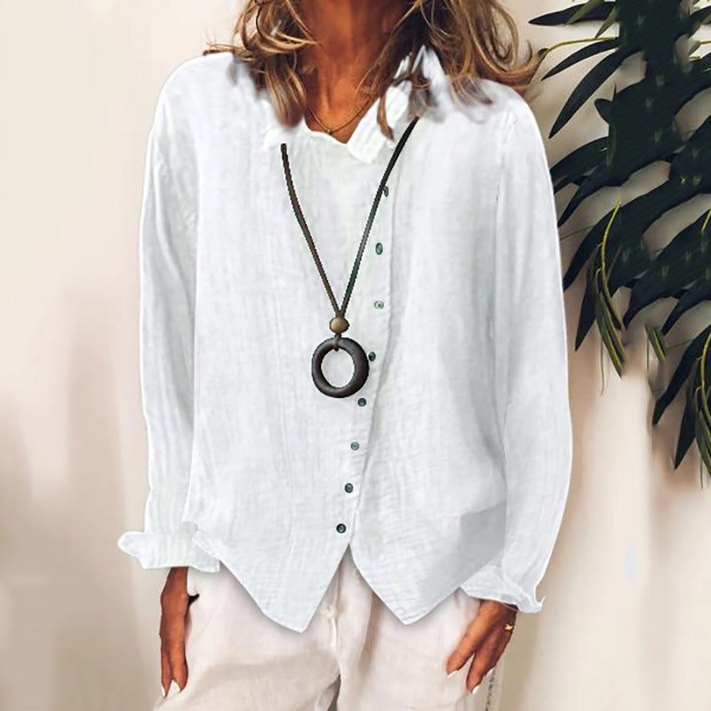 Andrea's ™ | Bluse aus Baumwolle und Leinen in reiner Farbe