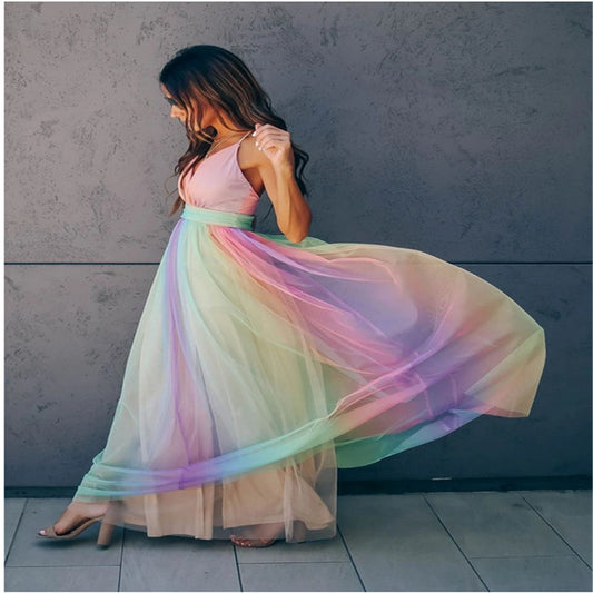Andrea's™ | Regenbogenfarbenes Netzkleid mit Spaghettiträgern