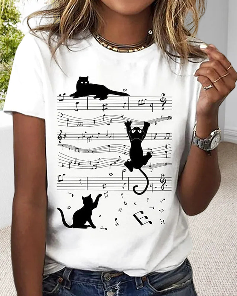 Andrea's™ | Rundhals-T-Shirt mit musikalischem Katzendruck