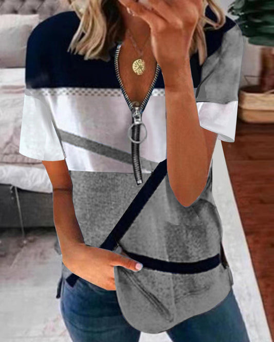 Andrea's™ | T-Shirt mit Aufdruck mit kurzen Ärmeln mit Reißverschluss