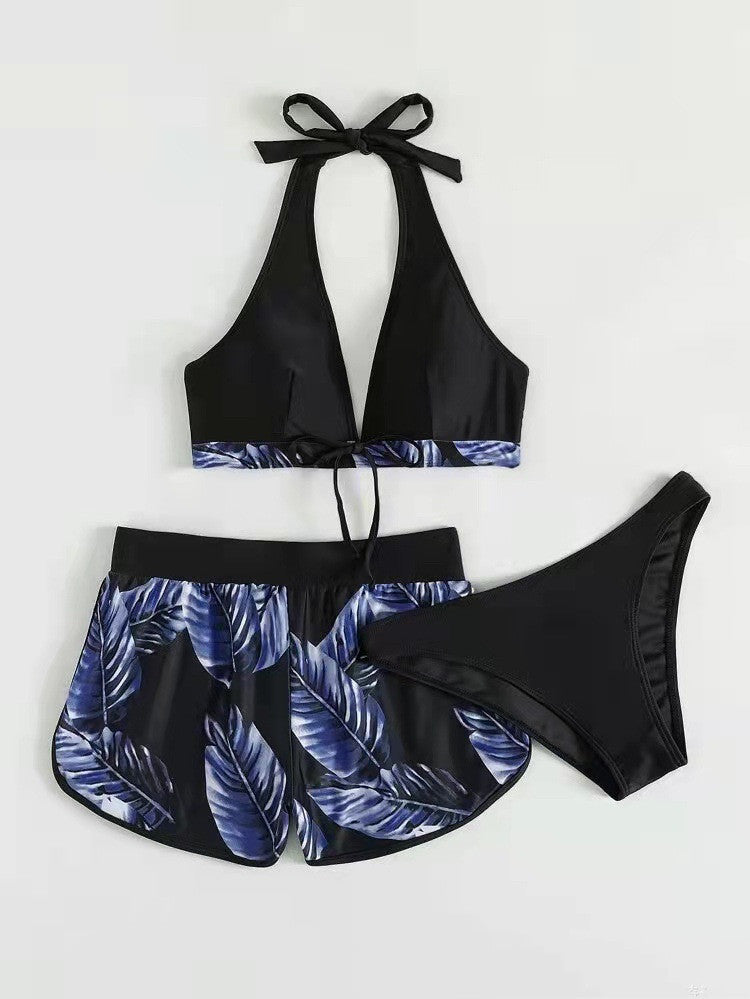 Andrea's™ | 3-teiliges Bikini-Set mit Blätterdruck und Shorts