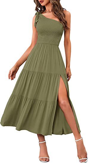 Andrea's™ | Sommermode Ein-Schulter-Kleid mit plissiertem, geschichtetem Saum, geteilt
