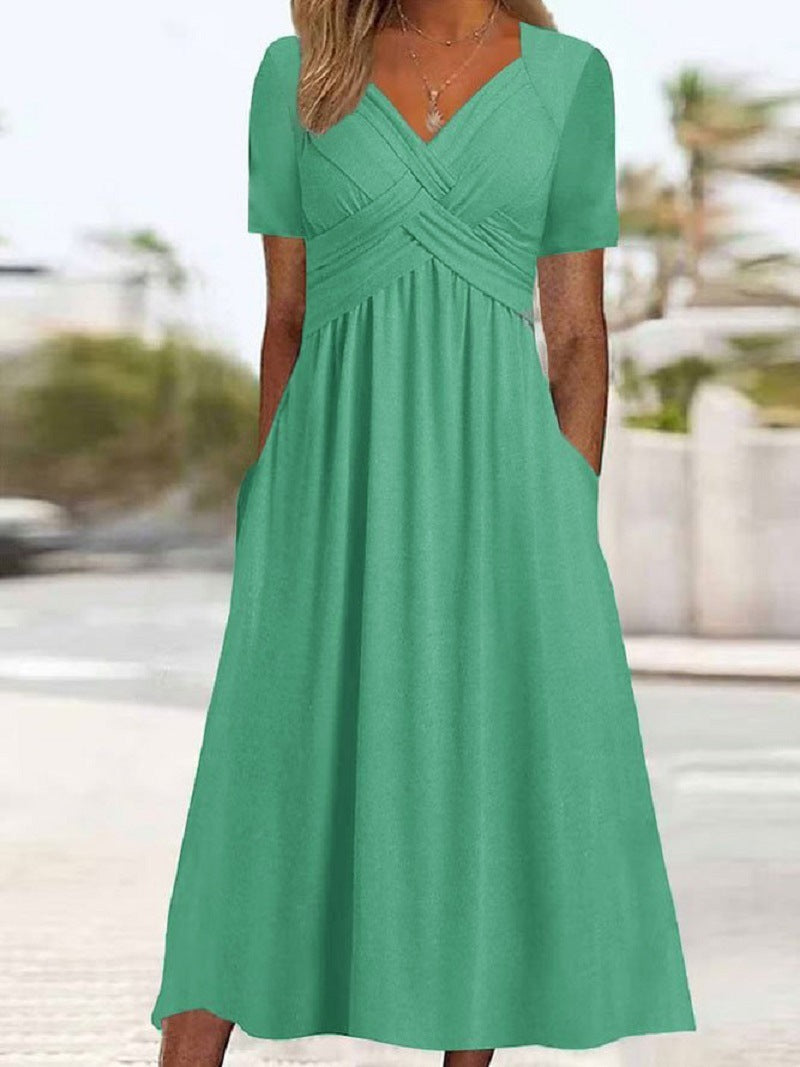 Andrea's™ | Kurzarm-Plisseekleid mit V-Ausschnitt