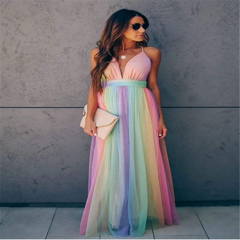 Andrea's™ | Regenbogenfarbenes Netzkleid mit Spaghettiträgern