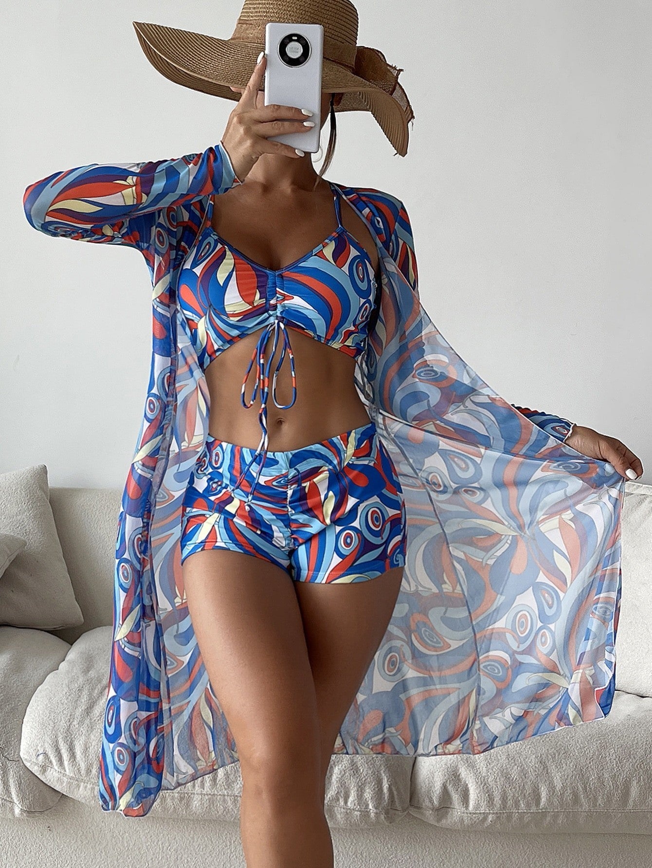 Andrea's™ | 3-teiliges Bikini-Set mit Print und langärmligem Überwurf
