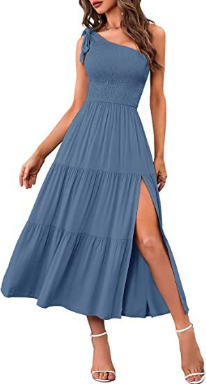 Andrea's™ | Sommermode Ein-Schulter-Kleid mit plissiertem, geschichtetem Saum, geteilt