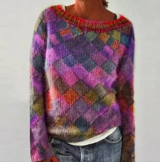 Andrea's™ | Patchwork-Strickpullover mit Rautenstruktur in Violett & Multicolor
