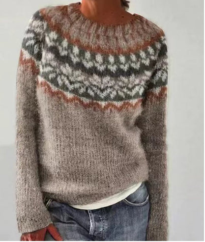 Andrea's™ | Taupefarbener Strickpullover mit nordischer Rundpasse in Wald- & Rosttönen