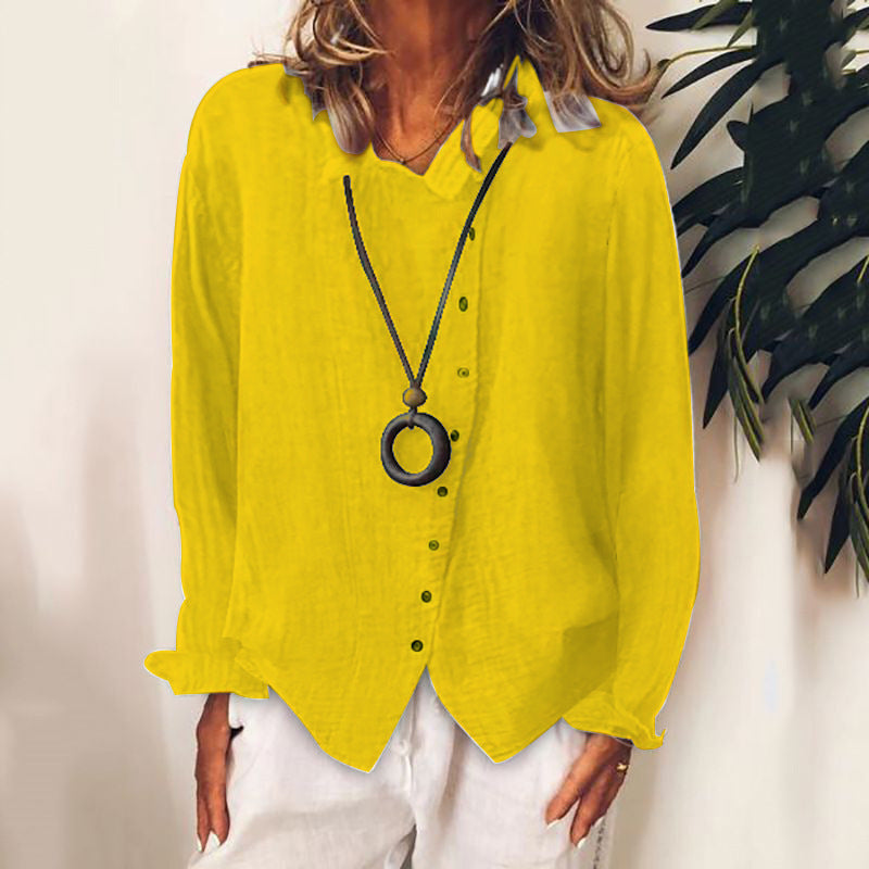 Andrea's ™ | Bluse aus Baumwolle und Leinen in reiner Farbe