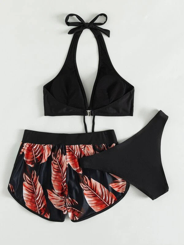 Andrea's™ | 3-teiliges Bikini-Set mit Blätterdruck und Shorts