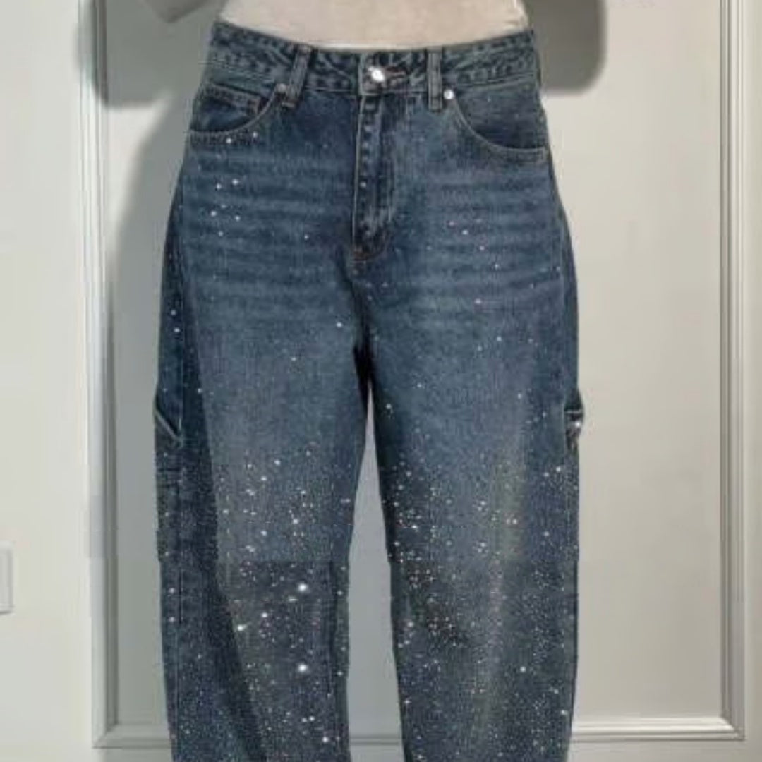 Andrea's™ | Glänzende, locker geschnittene Jeans mit weitem Bein und Taschen