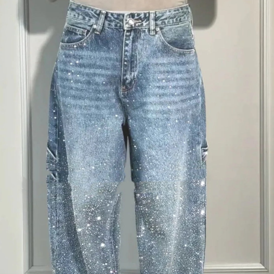 Andrea's™ | Glänzende, locker geschnittene Jeans mit weitem Bein und Taschen