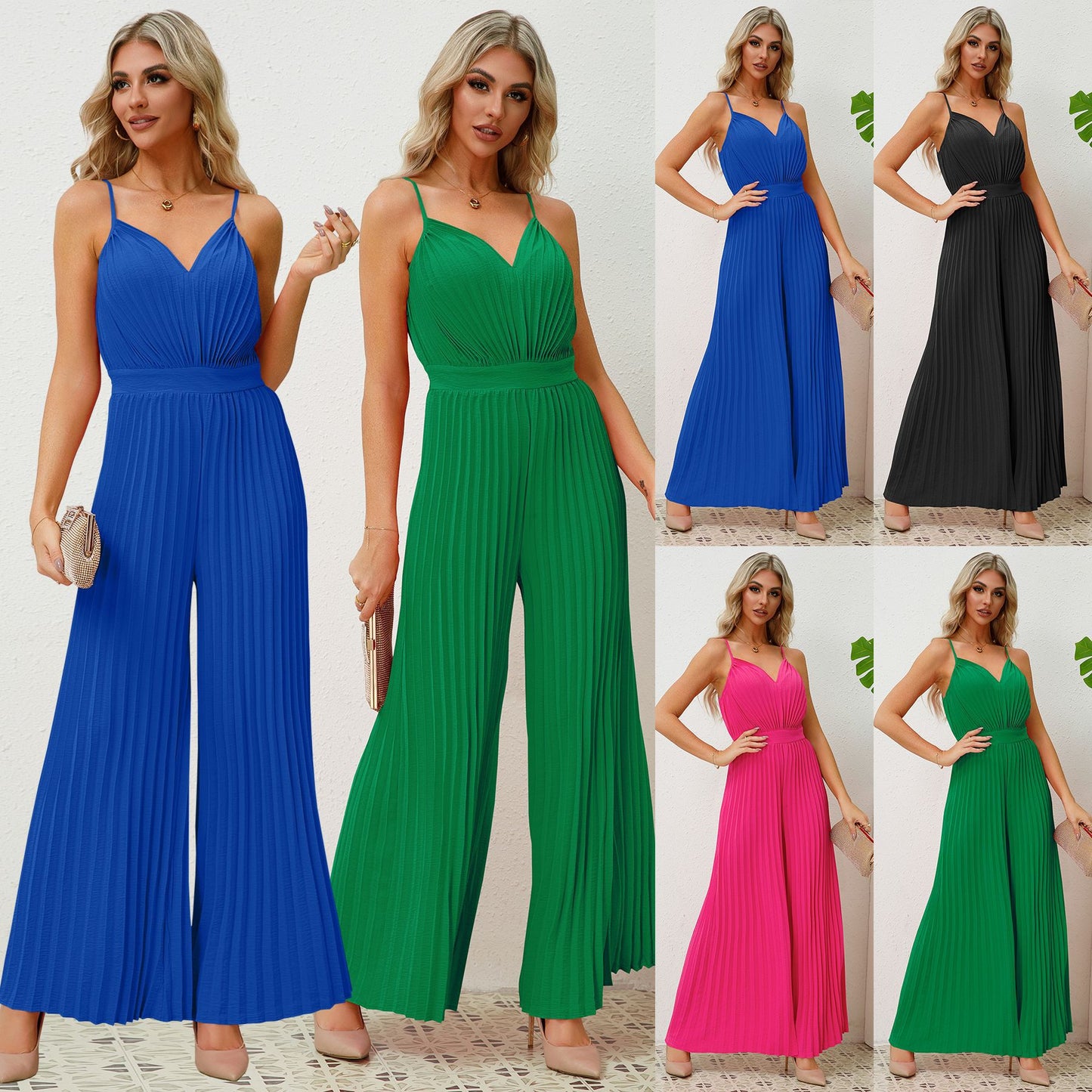 Jumpsuit mit V-Ausschnitt, Trägern, Falten, einfarbig, lockere, gerade Hose, Damenbekleidung