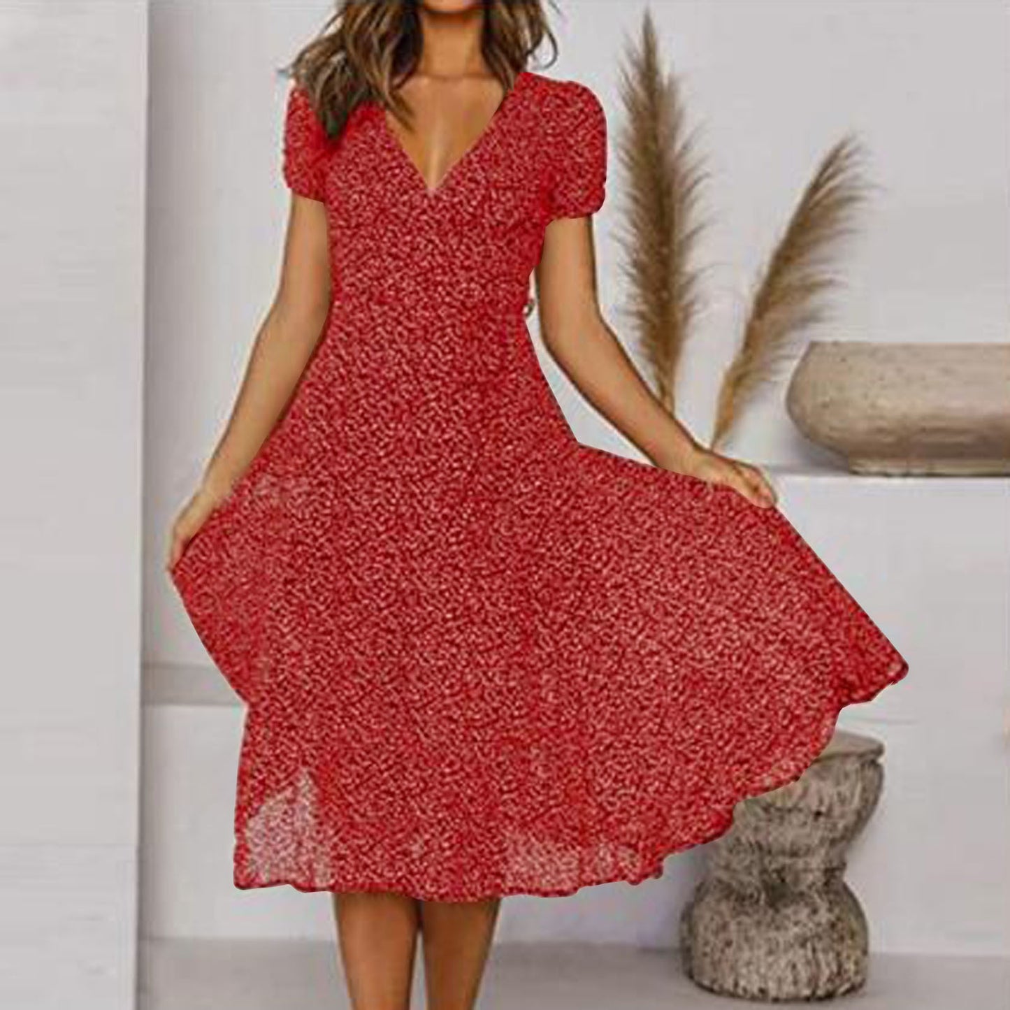 Andrea's™ | Bedrucktes V-Ausschnitt Kurzarm Schnürkleid