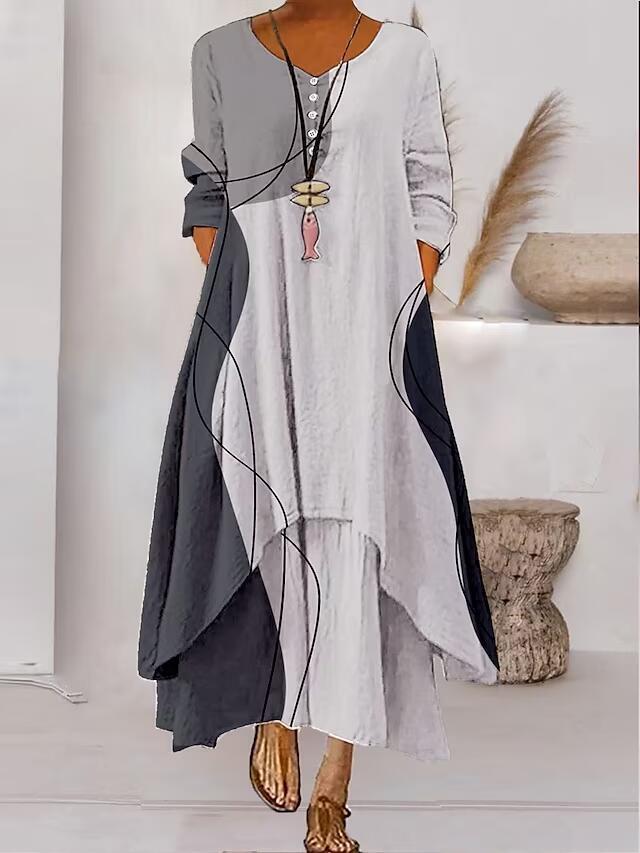 Andrea's™ | Abstraktes bedrucktes Maxikleid mit langen Ärmeln