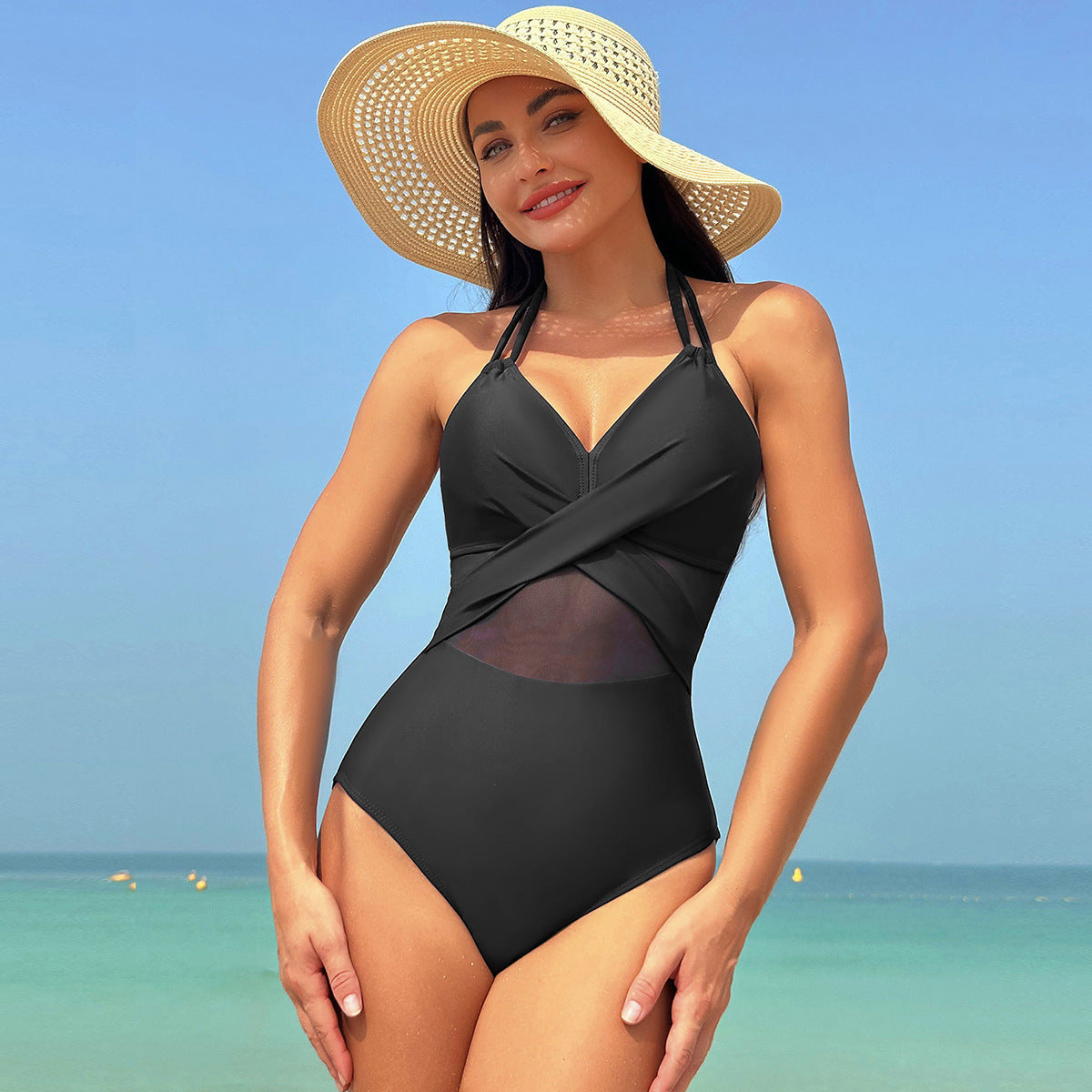 Andrea's™ | Badeanzug mit überkreuzten Mesh-Ausschnitten und Neckholder-Trägern