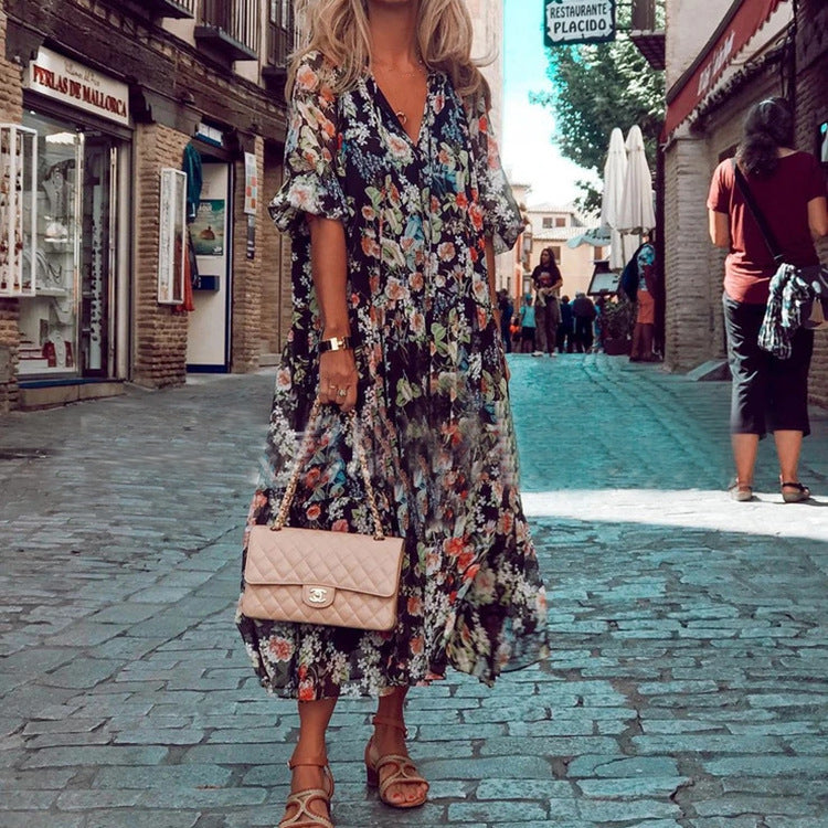 Andrea's™ | Fließendes Maxikleid mit Blumenmuster und V-Ausschnitt