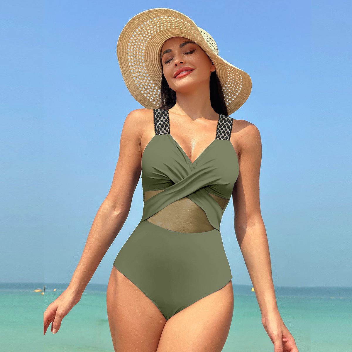 Andrea's™ | Einteiliger Badeanzug mit überkreuztem Mesh-Detail und gemusterten Trägern