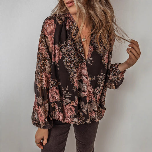 Chiffon-Top mit Blumenmuster und V-Ausschnitt von Andrea Serena