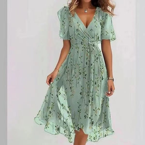 Andrea's™ | Chiffon bedruckte Kurzarm-Sommer-V-Ausschnitt-Kleider