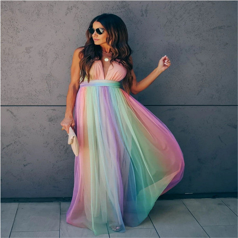 Andrea's™ | Regenbogenfarbenes Netzkleid mit Spaghettiträgern
