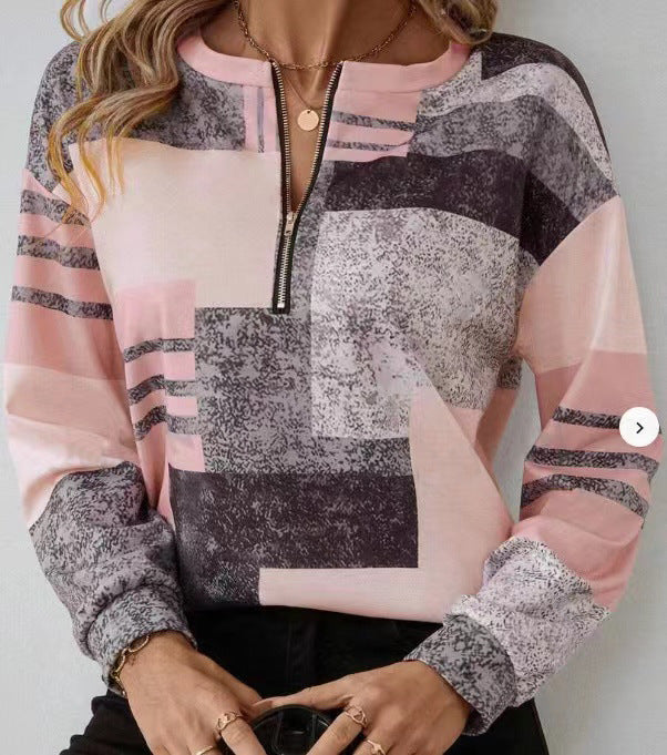 Andrea's™ | Rundhalsausschnitt Halbe Zippe Langarm-Poloshirt Unregelmäßiges Geometrisches Top