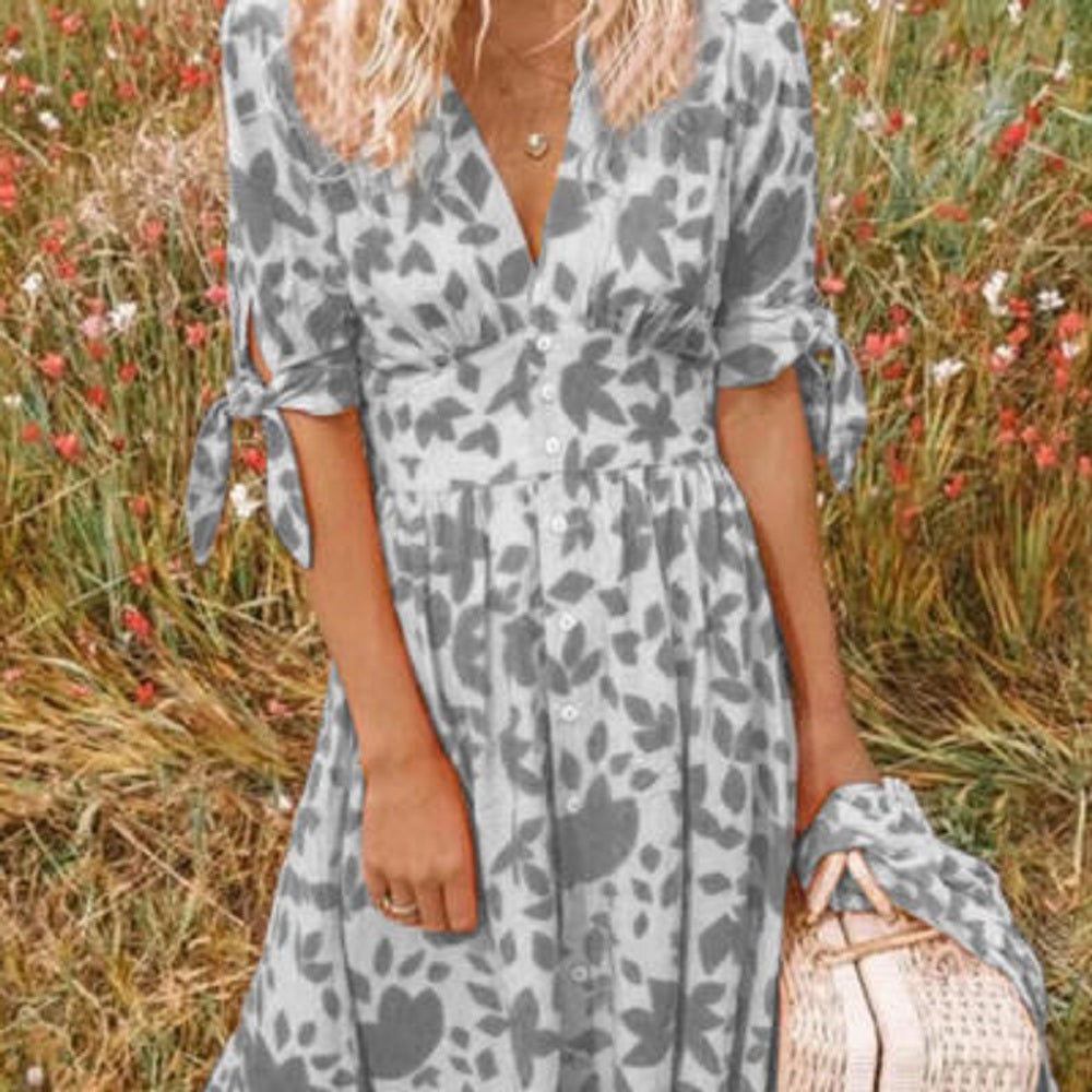 Andrea's™ | Sommerkleid mit Blumenmuster, schmaler Taille und V-Ausschnitt