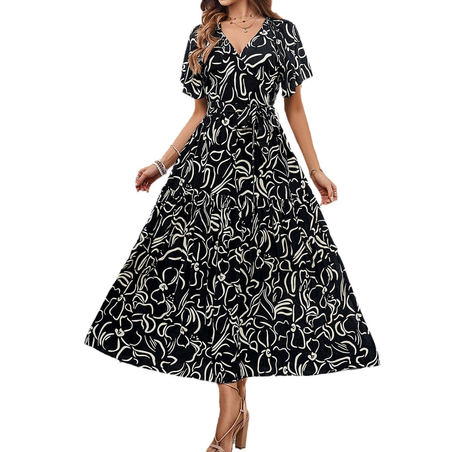Andrea Serena Midikleid mit Blumenmuster und kurzen Ärmeln