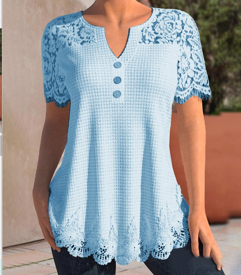 Andrea's™ | Stitching Lace Kurzarm-T-Shirt