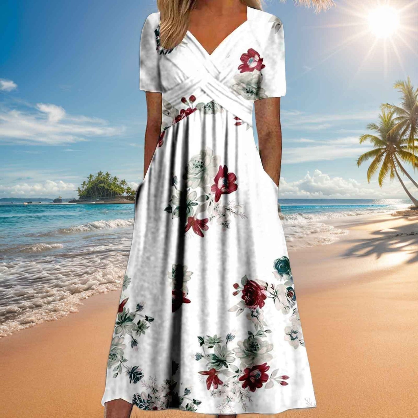 Andrea's™ | Kurzarm-Plisseekleid mit V-Ausschnitt