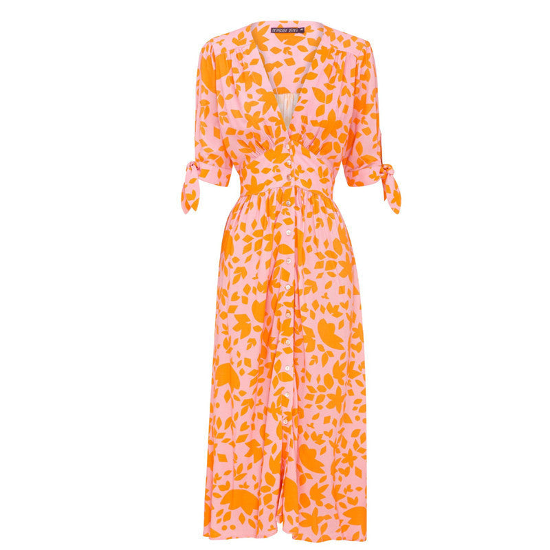 Andrea's™ | Sommerkleid mit Blumenmuster, schmaler Taille und V-Ausschnitt