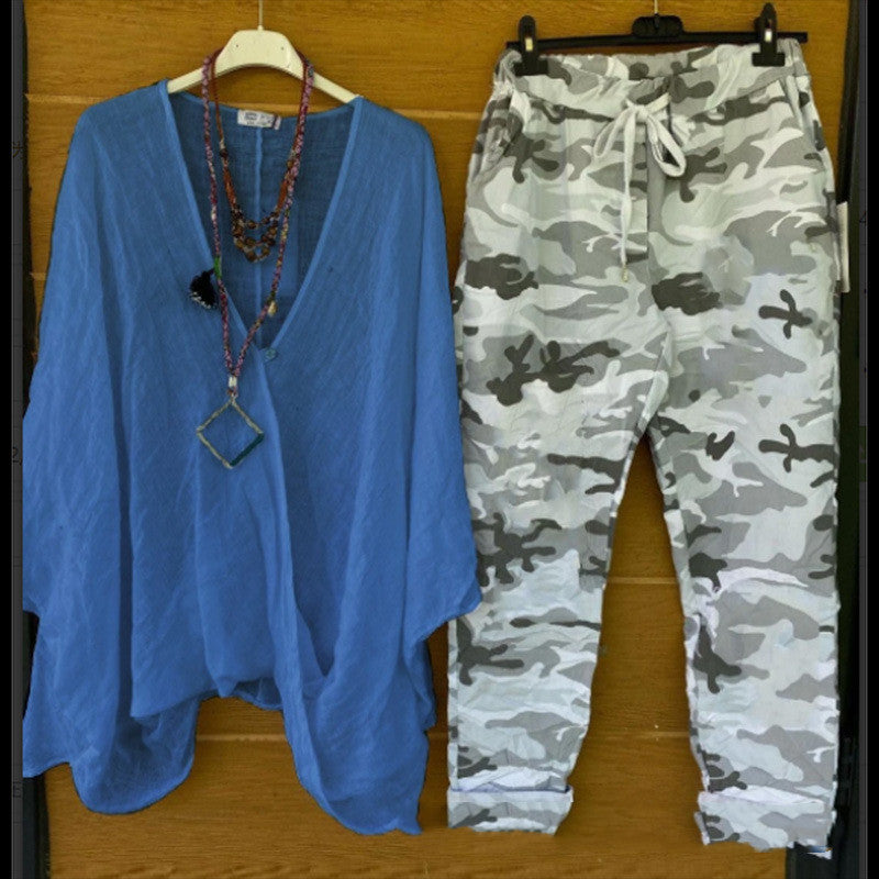 Andrea's™ | Lässiges Set mit Camouflage-Hose und leichter Bluse