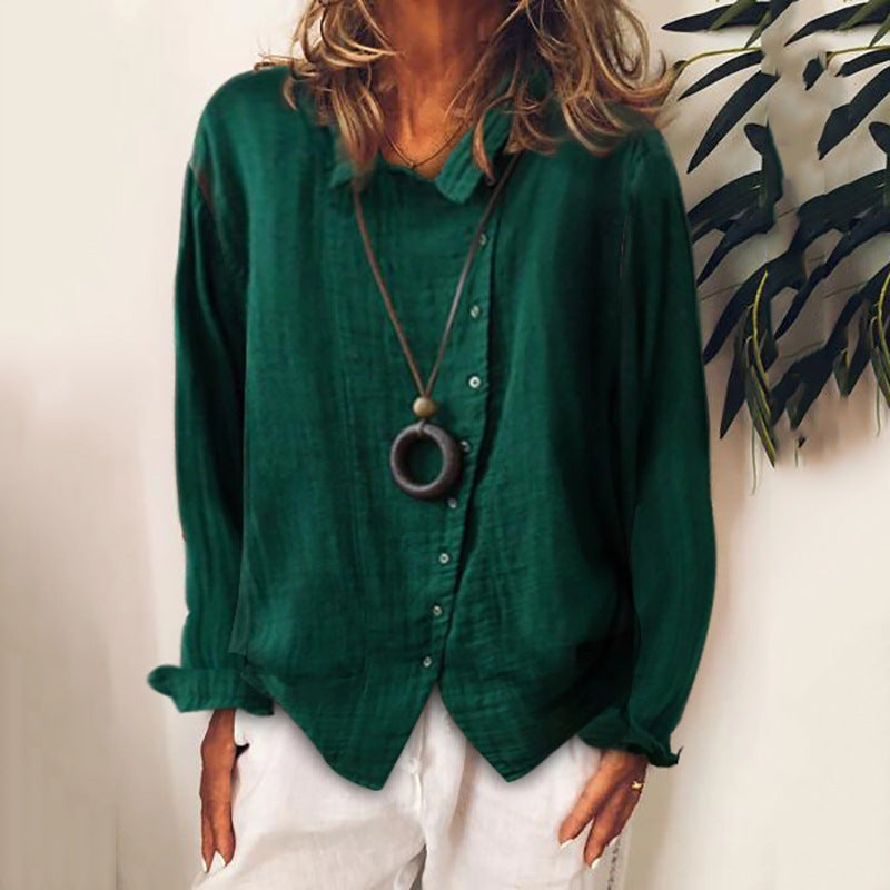 Andrea's ™ | Bluse aus Baumwolle und Leinen in reiner Farbe